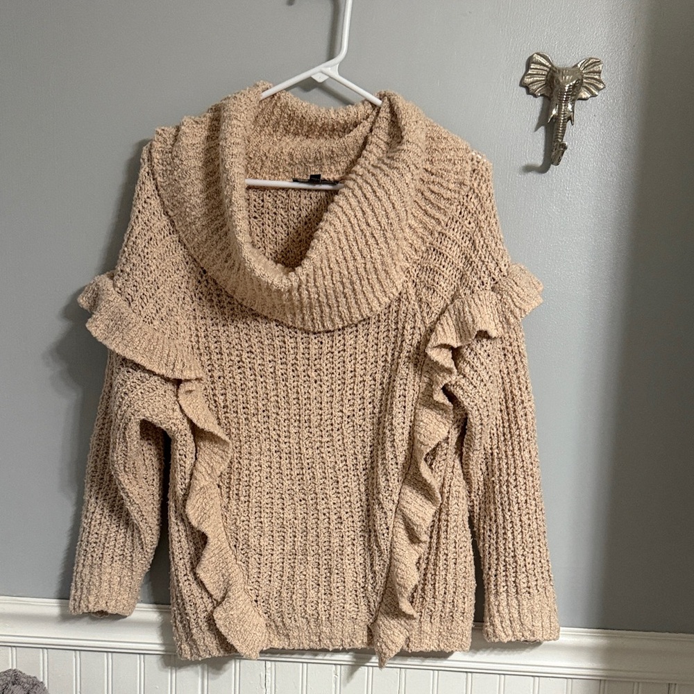 Express Tan Cowl Neck Sweater with Ruffle Accents